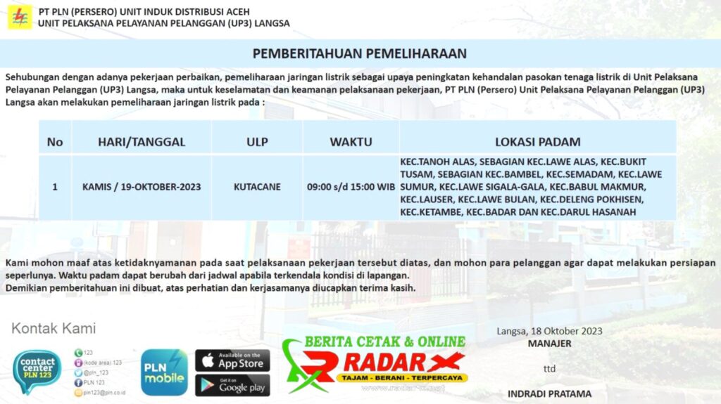 PLN ULP Kutacane : Besok Listrik Akan Padam Selama 7 Jam