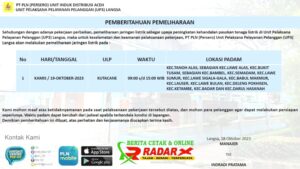 PLN ULP Kutacane : Besok Listrik Akan Padam Selama 7 Jam