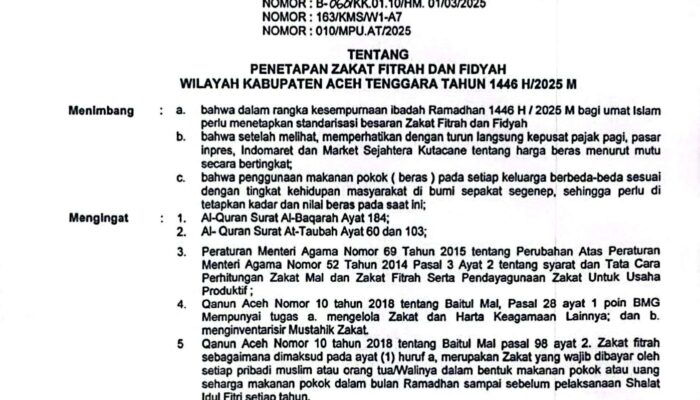 Begini Besaran Zakat Fitrah dan Fidyah di Aceh Tenggara Tahun 2025